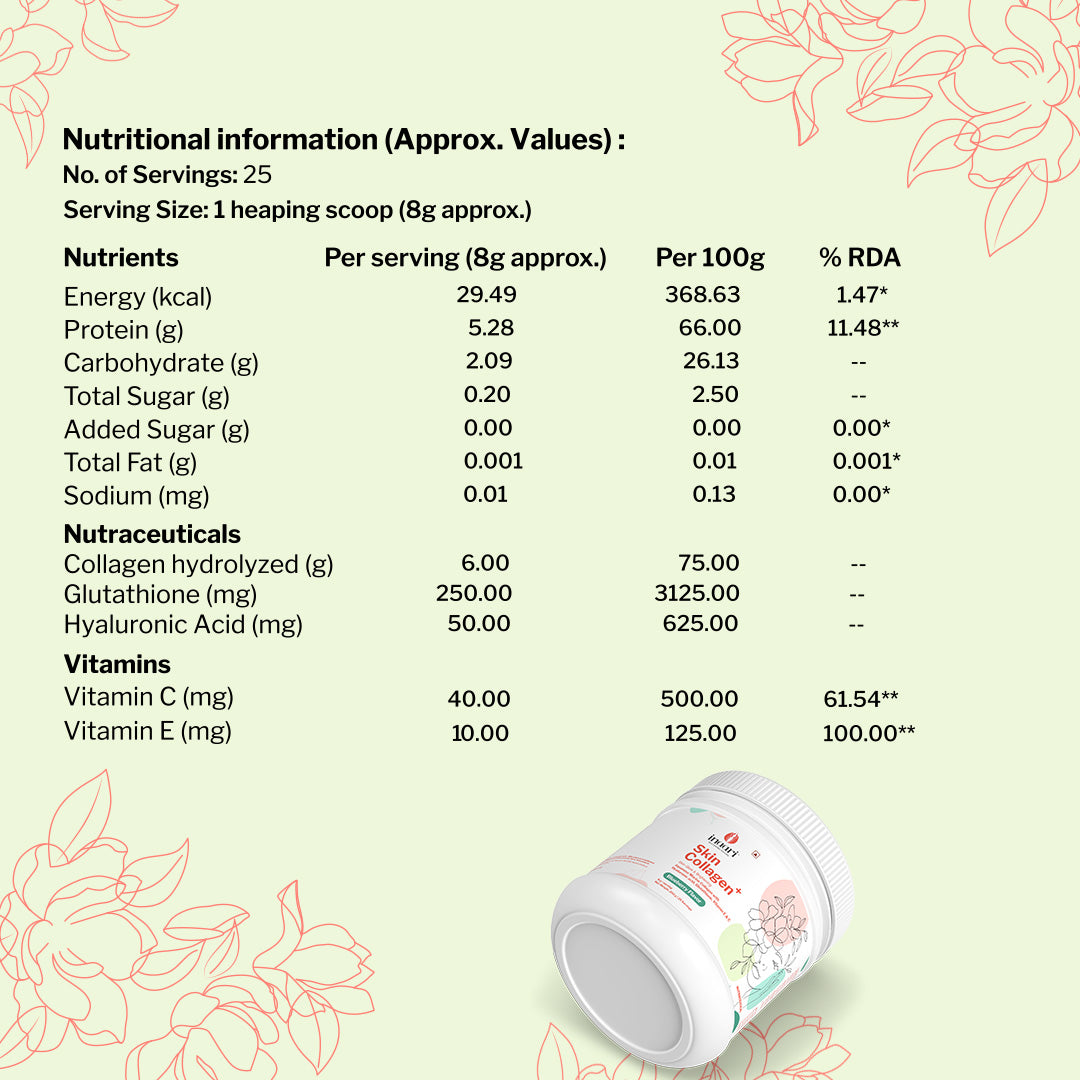 Inaari Skin Collagen Plus Powder | Glutathione, Vitamin C & E|Blueberry | 200gm